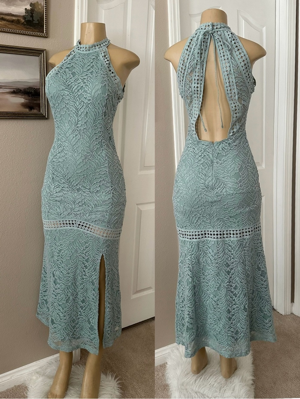 Guess Light Aqua Halter Lace Maxi Dress
